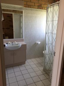 温顿Boulder Opal Motor Inn的浴室配有盥洗盆和带镜子的淋浴
