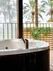 莫沙夫拉莫特Crimson View的棕榈树窗户前的浴缸