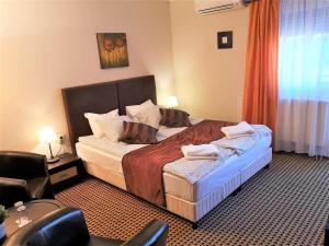 多瑙凯西Kikelet Villa的酒店客房带一张床、一张桌子和椅子