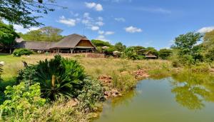 Kaingo Private Game ReserveRoyal Morubisi Founder's Lodge的一座带池塘的度假村,位于一座房子前面