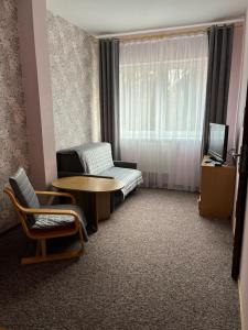 格武霍瓦济Hotel Sudety的客房设有桌子、沙发和窗户。