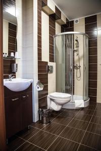 利岑Hotel Stara Gorzelnia的带淋浴、卫生间和盥洗盆的浴室