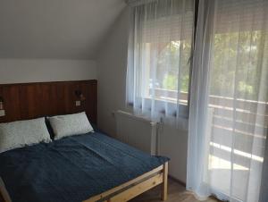 泽拜盖尼Börzsöny Vendégház的一间卧室配有一张带蓝色毯子的床和窗户。