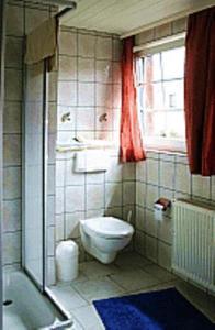 加格尔弗勒利希潘森酒店的一间带卫生间和浴缸的浴室以及窗户。