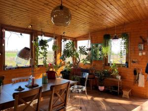 加尔多尼Kisház的配有桌椅和植物的房间