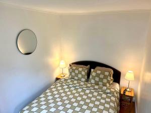 巴黎Champs Élysées-Belle terrasse, luxueux appartement的一间卧室配有一张带镜子的床和两盏灯。