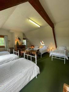 布雷Vacances paradisiaques au coeur de l'Ile de Bréhat的一间卧室配有两张床和一张桌子及椅子