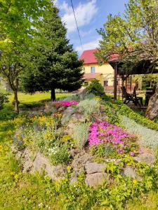 Ludwikowice KłodzkieAgroturystyka Przystanek Góry Sowie的院子里种着粉红色和紫色花的花园
