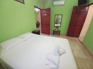 莱昂Hostal San Antonio的卧室设有白色的床和绿色的墙壁