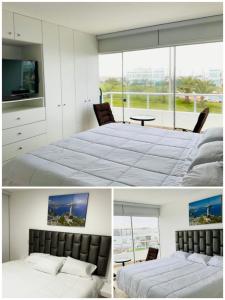 帕拉卡斯Solymar Beach House - Paracas的卧室两张照片,配有一张床和一张桌子