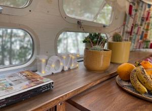 Vaal MarinaAmy The Airstream At Aloe Fjord的一张桌子,上面放着一盘水果和一本书