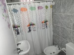 米娜克拉韦罗Mini Complejo Familiar Roque的浴室设有淋浴帘、卫生间和水槽
