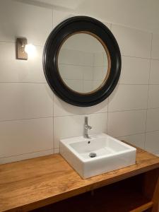 欧塞尔勒邵旅馆的一间带水槽和镜子的浴室