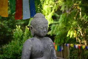 奥克兰卡怀伊普拉普拉瑜伽中心度假酒店的站在花园中的人的雕像