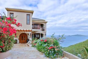 Tortola IslandCheerful 3 -bedroom villa with Pool的大海前有鲜花的房子