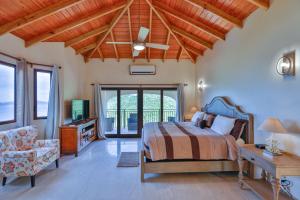 Tortola IslandCheerful 3 -bedroom villa with Pool的一间卧室配有一张床、一张沙发和一张桌子
