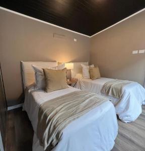 洛斯莫莱斯Cabañas de Montaña Armonías Lodge的配有2张床的带白色床单和枕头的客房