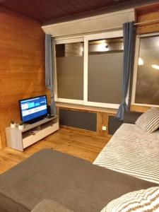 圣热尔韦莱班Bel appartement familial et cosy的一间卧室设有一张床、一台电视和一个窗口。
