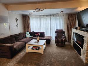 Popeşti-LeordeniCosy 3 bedroom house with pool的客厅配有棕色沙发和电视