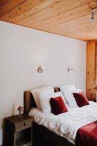 SeytrouxKern的一间卧室配有两张带红白色枕头的床