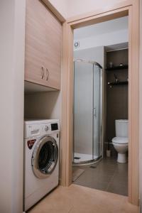 纳夫普利翁Nafplio Pleasure Stay Ι的带卫生间的浴室内的洗衣机和烘干机