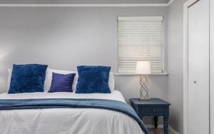 威奇托福尔斯Summer Deal! Air Force 1 Heroes Home - Sheppard AFB Wichita Falls的一间卧室配有一张带蓝色枕头的床和一扇窗户。