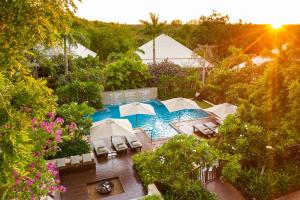 布鲁姆比利度假酒店的享有带遮阳伞和椅子的游泳池的顶部景致