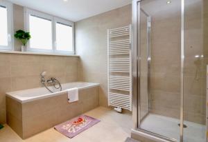 维也纳Central Vienna Charm - Comfortable 3-BR Stay的带淋浴、浴缸和盥洗盆的浴室