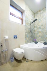 库塔伊西Nino's Cosy Apartment的带浴缸、卫生间和盥洗盆的浴室