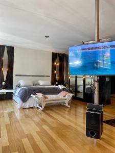 奥利沃斯Cool clima的一间卧室配有一张床和一台大屏幕电视