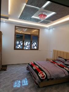 达赫拉Appartement lux dakhla的一间卧室配有一张床,天花板配有吊灯