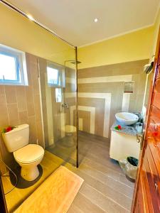 马埃岛Seaside Self Catering的浴室配有卫生间、盥洗盆和淋浴。