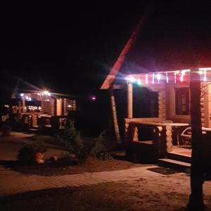 采西斯Camping Oskalns的夜晚有圣诞灯的房子
