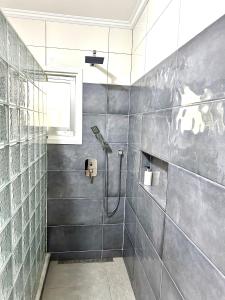 马埃岛贝拉扎尔区88天自助假日酒店 的浴室设有灰色瓷砖淋浴。