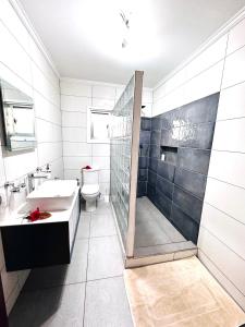 马埃岛贝拉扎尔区88天自助假日酒店 的带淋浴、盥洗盆和卫生间的浴室