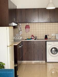 拉纳卡Cyprus Penelope的厨房配有木制橱柜、洗衣机和烘干机