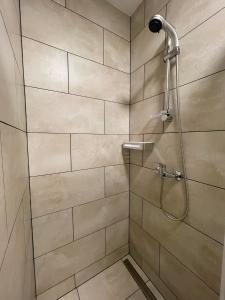 NaisiaiApartamentai Baltas gandras的浴室内配有淋浴和头顶淋浴