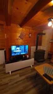 ŠipovoPlaninske kolibe Šipovo的客厅配有平面电视和炉灶。