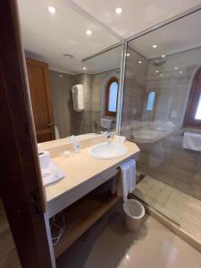 圣马丁德洛斯村舍酒店的浴室配有水槽、淋浴和浴缸。