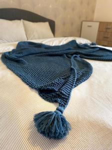 萨图马雷Henriett’s cosy places的床上的蓝色毯子