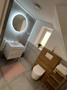 波切尼斯Ubytovanie MARINEL的一间带水槽、卫生间和镜子的浴室