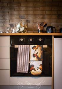 Llanrhaeadr-ym-MochnantThe Prancing Pony的厨房配有炉灶和烤箱上的毛巾