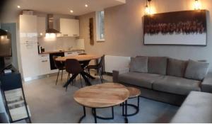马尔梅迪Terrasses de Malmedy Lodge 417的带沙发和桌子的客厅以及厨房。