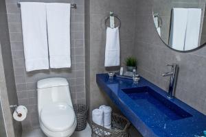 La MiraLD Plus的浴室设有白色卫生间和蓝色水槽。