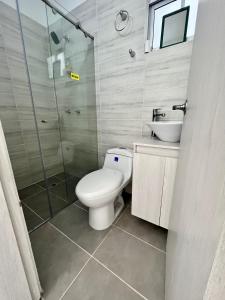 阿帕尔塔多Apartamentos Sierra Verde Living的浴室配有卫生间、淋浴和盥洗盆。