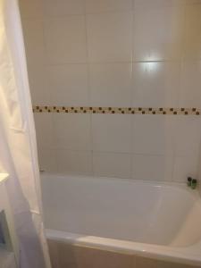 圣卡洛斯-德巴里洛切Villa Catedral的浴室设有白色浴缸,配有浴帘