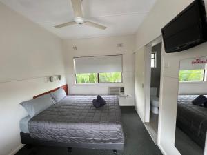 格拉夫顿Hi-Way Motel Grafton - Contactless的一间小卧室,配有一张床和一台平面电视