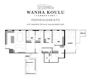 ReittiöLarge Family Apartment UNELMA - Tahko, Palju, BBQ, Sauna, WiFI, PetsOK, Budget, Wanha Koulu Tahkovuori的华尔玛库卡基犹太教堂的平面图