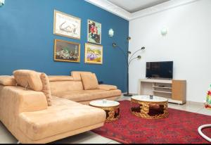 雅温得DUPLEXE HAUT STANDING centre ville Quartier Fouda的带沙发和电视的客厅