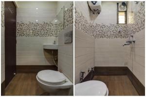 贾姆谢德布尔OYO Hotel Satguru的浴室的两张照片,配有卫生间和水槽